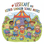 Eine bunte Kinderzeichnung zeigt eine Gruppe fröhlicher Kinder, die vor und in einem farbenfrohen Zelt auf dem Gras sitzen und lesen, mit dem Schriftzug „Lesecafé der Astrid Lindgen Schule Moers“ darüber.
