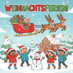 Eine bunte Illustration mit dem Schriftzug WEIHNACHTSFERIEN! zeigt einen Jungen in einem von Rentieren gezogenen Schlitten und vier glückliche Kinder, die im Schnee um einen Schneemann herumstehen.
