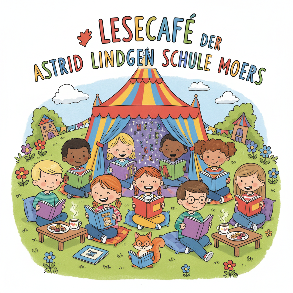 Eine bunte Kinderzeichnung zeigt eine Gruppe fröhlicher Kinder, die vor und in einem farbenfrohen Zelt auf dem Gras sitzen und lesen, mit dem Schriftzug „Lesecafé der Astrid Lindgen Schule Moers“ darüber.